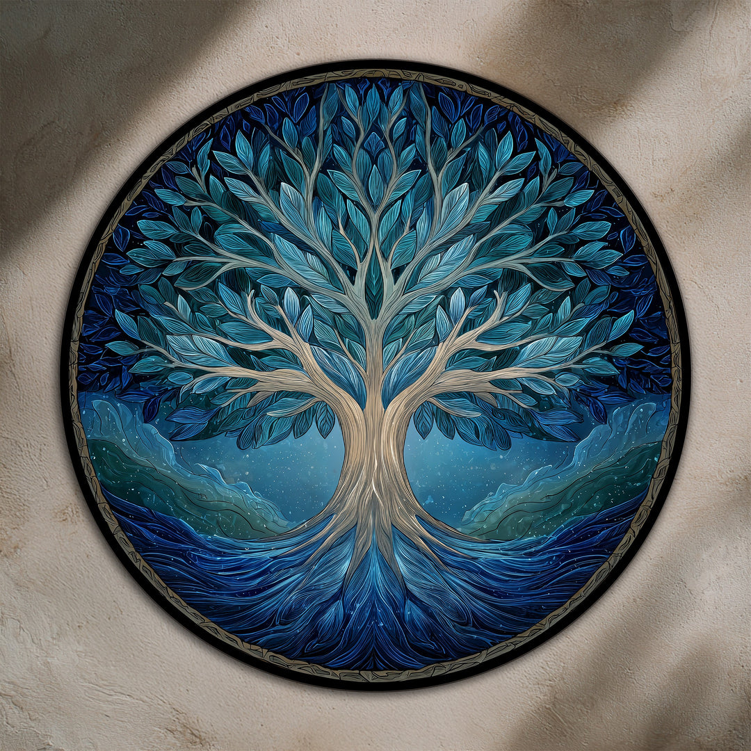 Árbol de la Vida Azul – Redondo de Madera Cuadro al óleo Arte de pared