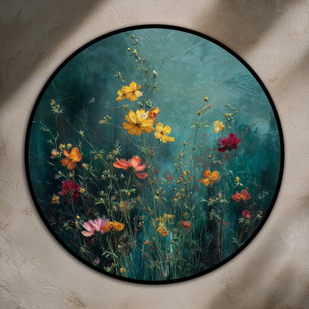 Skillfully applied oil paints create a richly textured oil painting art piece, depicting a wildflower garden in exquisite detail on this round artwork.