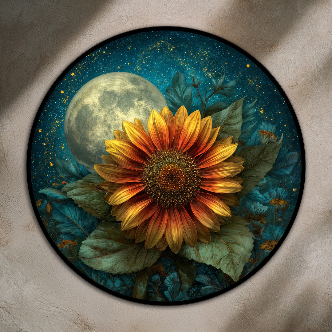 Vibrant sunflower steals the show in this round floral oil painting decoration, with a luminous moon and starry backdrop adding dreamy depth.