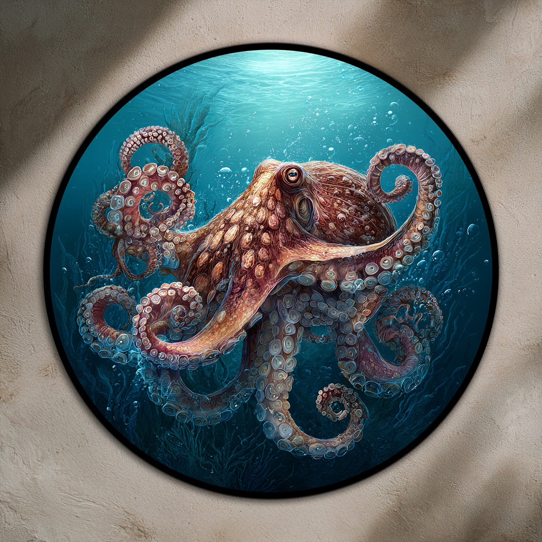 Negative space frames the detailed octopus in this round oil painting wall art, creating an artistic contrast between the subject and the surrounding marine scene.