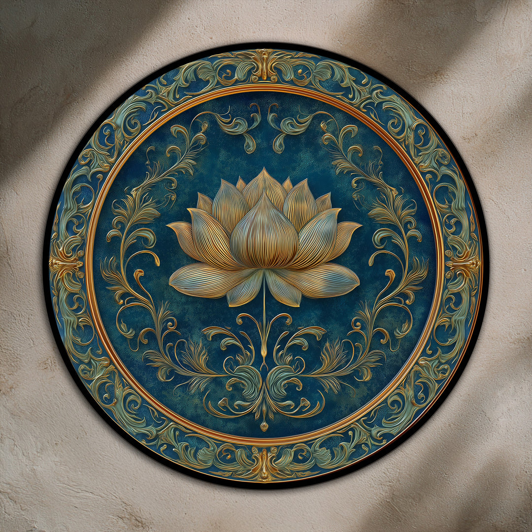 Loudest element, the golden lotus, is prominently featured in this ornate floral round oil painting wall art, a luxurious home decor piece.