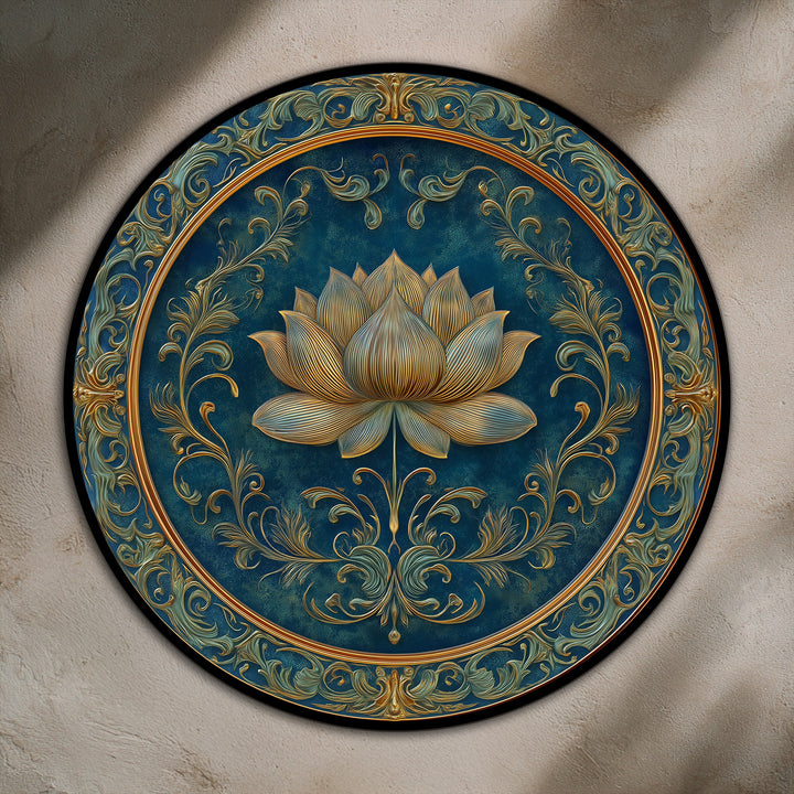 Loudest element, the golden lotus, is prominently featured in this ornate floral round oil painting wall art, a luxurious home decor piece.