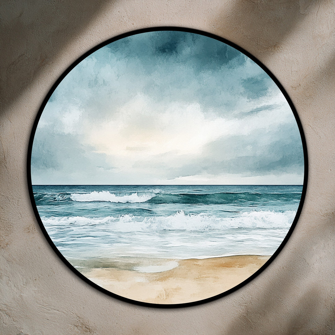 Visual rhythm flows across this coastal oil painting wall art, with repeating waves and cloud patterns encased in a bold, circular frame.