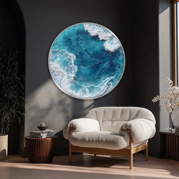 Displaying a premium canvas decor, the ocean wave aerial round canvas print reveals high-resolution textures and vibrant turquoise hues in its coastal wall art.