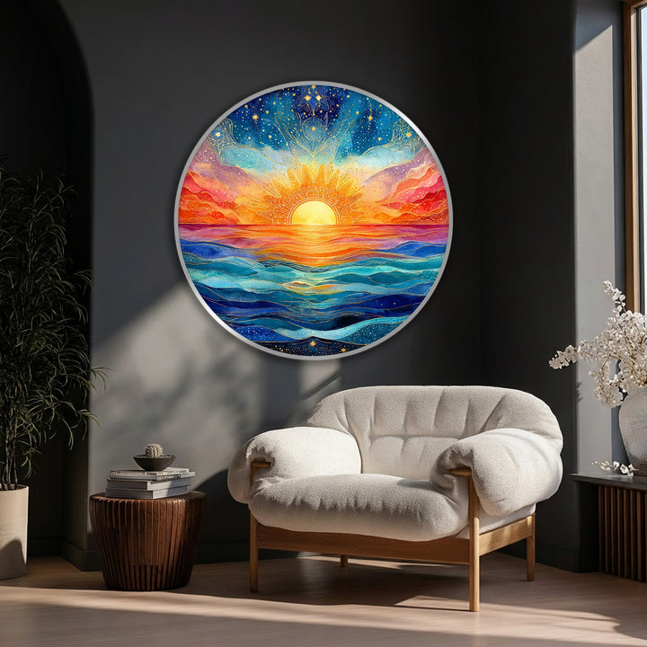 Vibrant color finish of the round canvas print shows a sunrise over the ocean with big canvas prints offering spiritual seascape wall art.