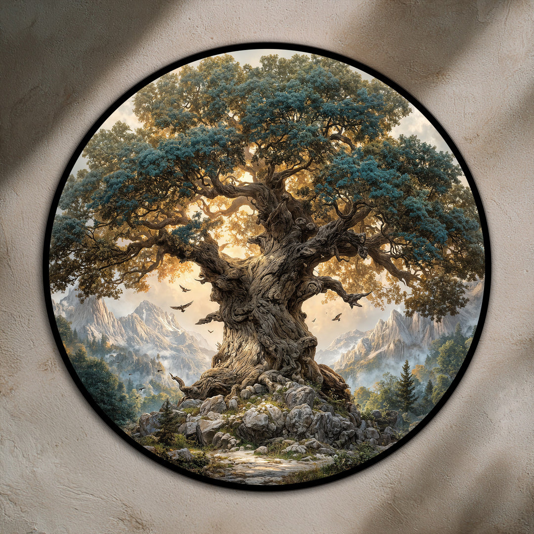 Glossy finish highlights the rich textures and vivid colors of this round, landscape oil painting, a modern oil painting art piece featuring an ancient mountain oak.