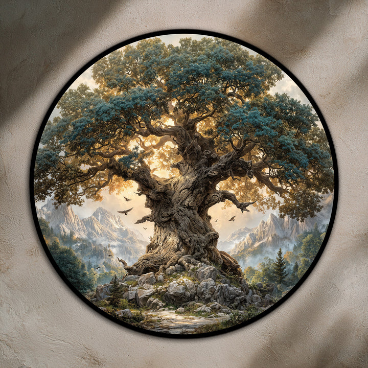 Glossy finish highlights the rich textures and vivid colors of this round, landscape oil painting, a modern oil painting art piece featuring an ancient mountain oak.