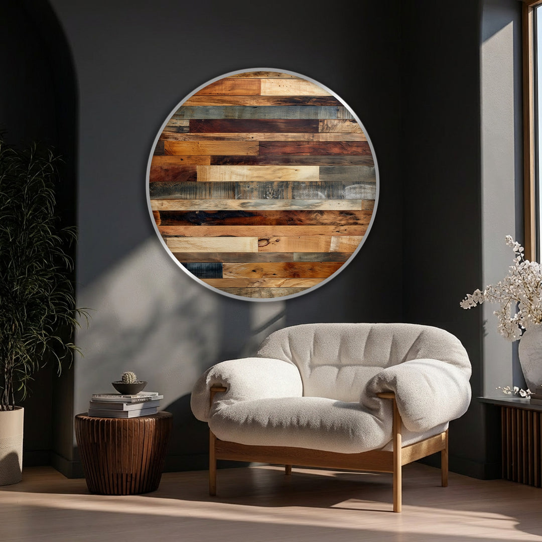 Natural wooden wall art featuring a round, rustic wood panel texture as a high quality canvas prints makes a bold statement above a cozy armchair.