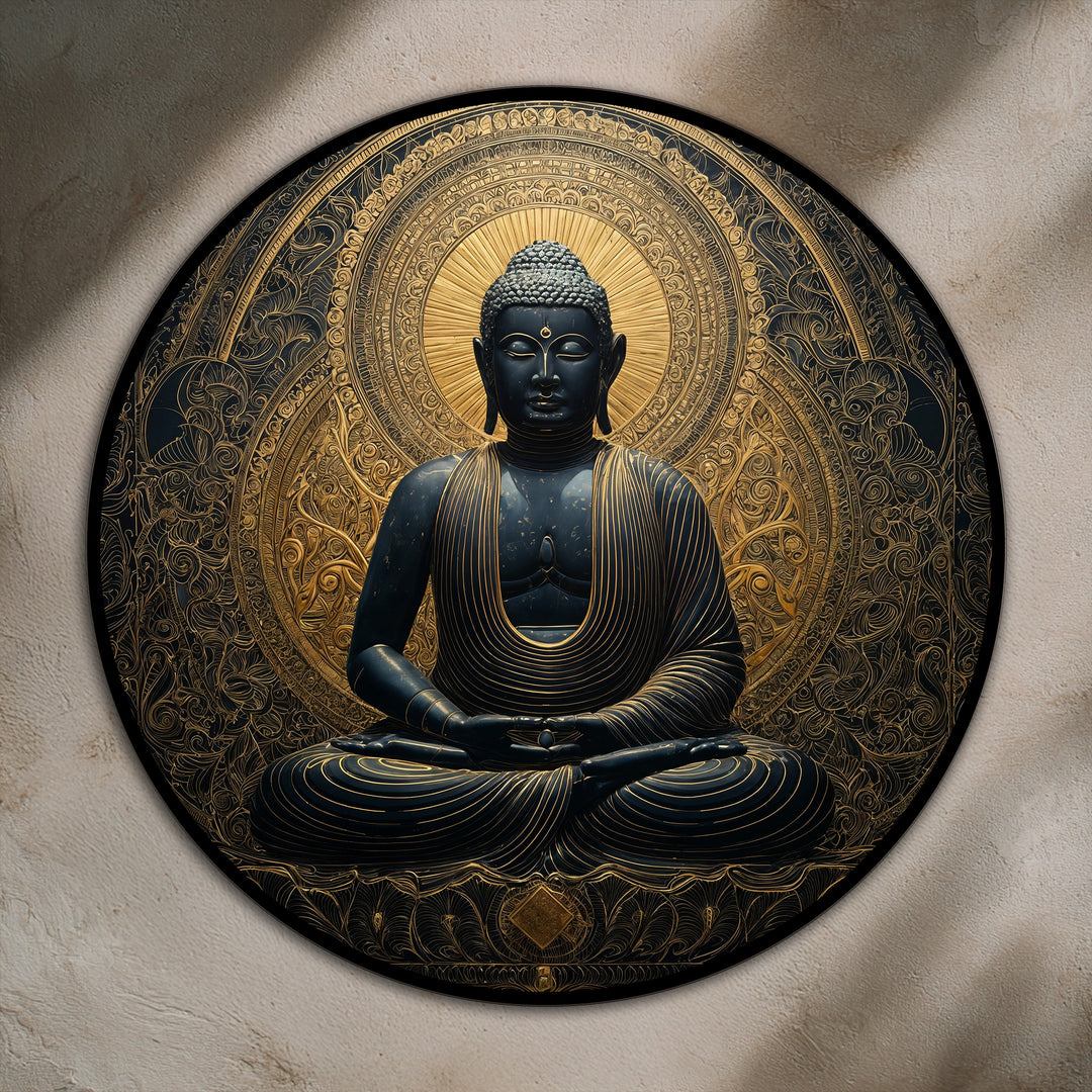 Displaying impressive depth and layers, the Golden Serenity round oil painting art prints of a serene Buddha emanates peace with its detailed mandala halo.