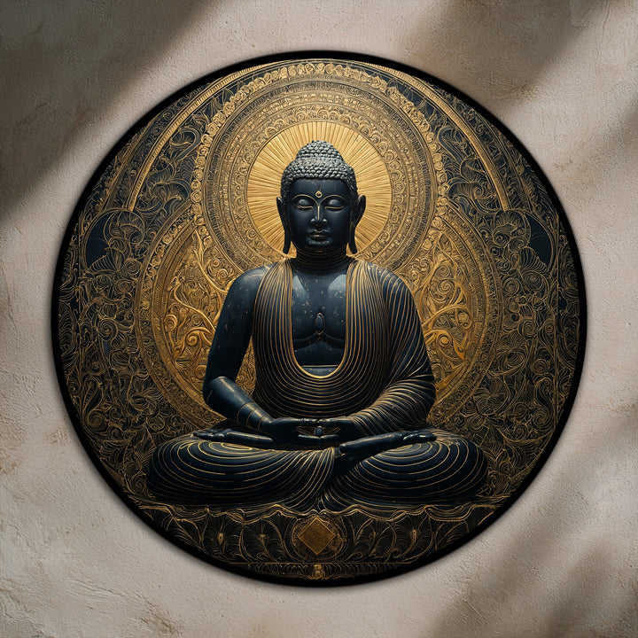 Displaying impressive depth and layers, the Golden Serenity round oil painting art prints of a serene Buddha emanates peace with its detailed mandala halo.