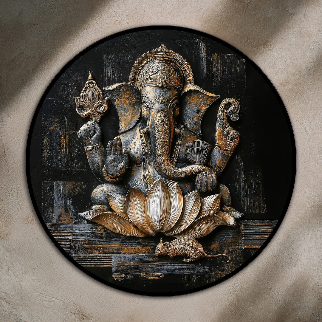Alternating textures and tones create a compelling visual rhythm in this Ganesha lotus round oil painting home decor, a striking piece of spiritual wall art.