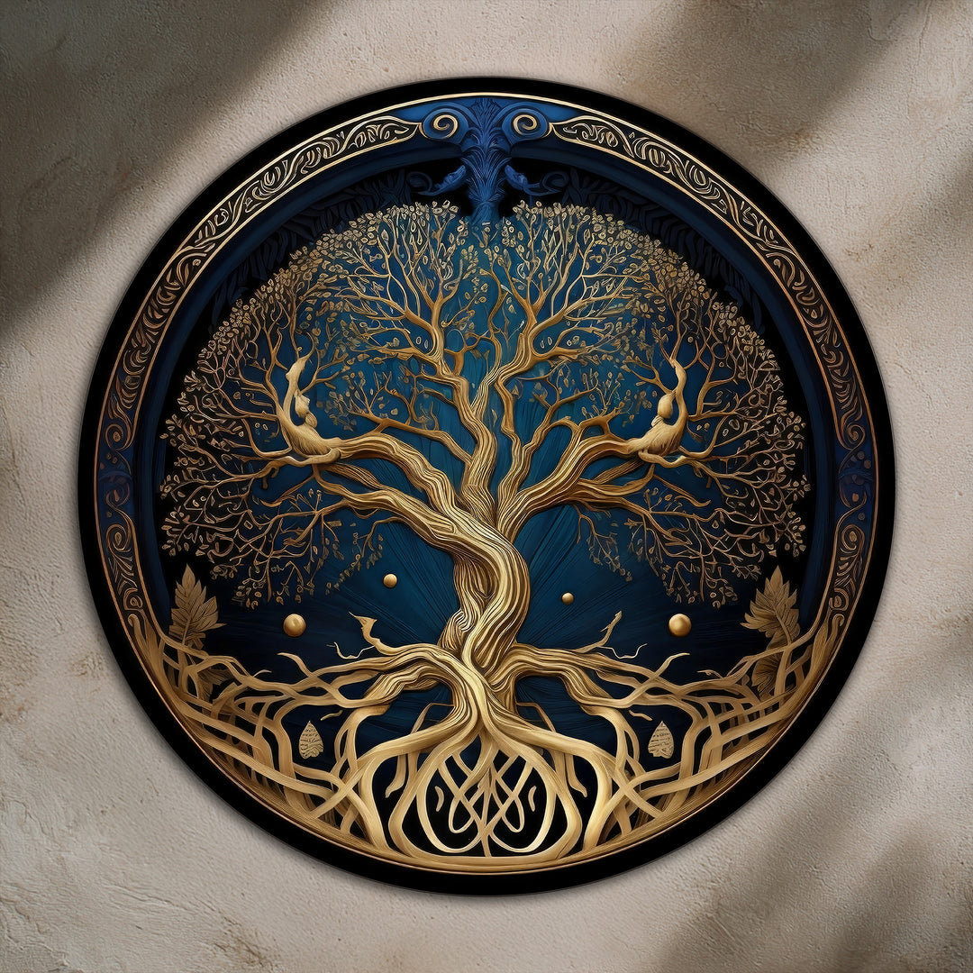 Raíces Celestiales – Árbol Dorado de la Vida Redondo Cuadro al óleo