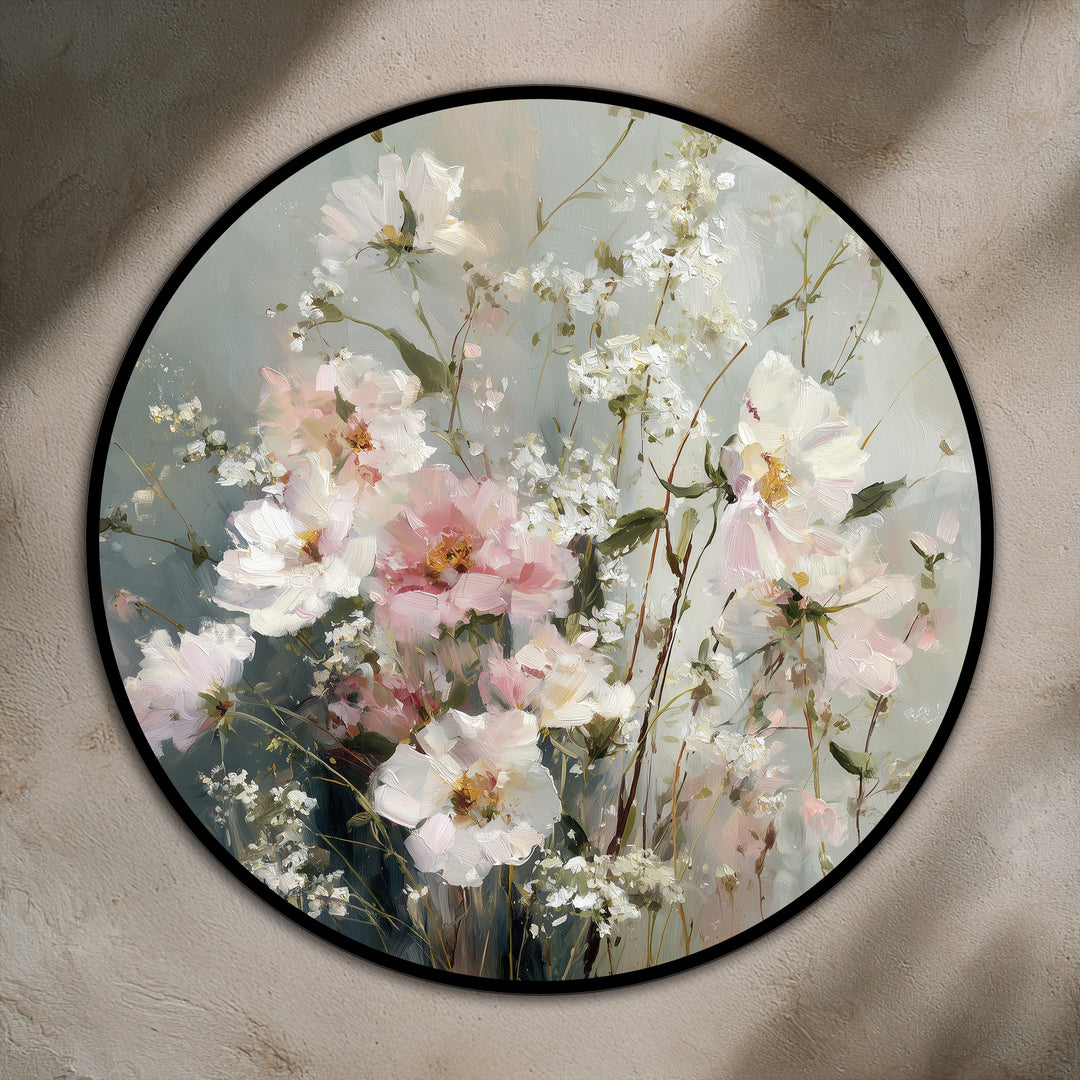 Visual rhythm guides the eye through the delicate brushstrokes of this elegant floral round oil painting, a captivating display of soft pastel wildflowers in the style of beautiful oil painting art prints.