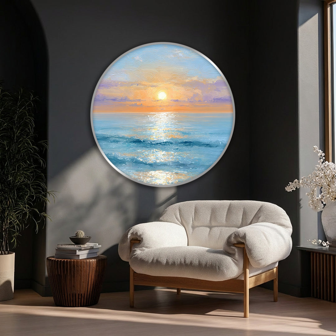 Warm color temperature radiates from the golden sunrise in this high quality canvas prints, a serene ocean round canvas print bringing coastal wall art to life.