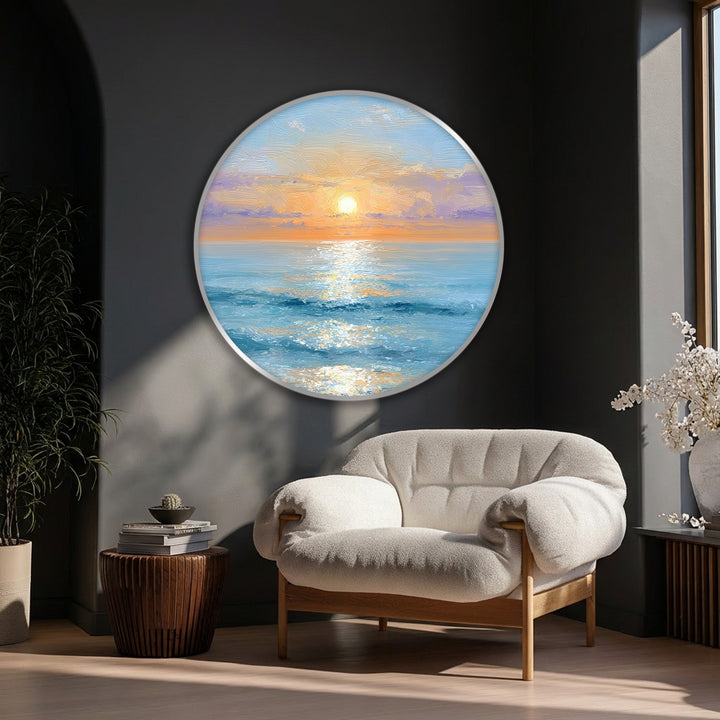 Warm color temperature radiates from the golden sunrise in this high quality canvas prints, a serene ocean round canvas print bringing coastal wall art to life.