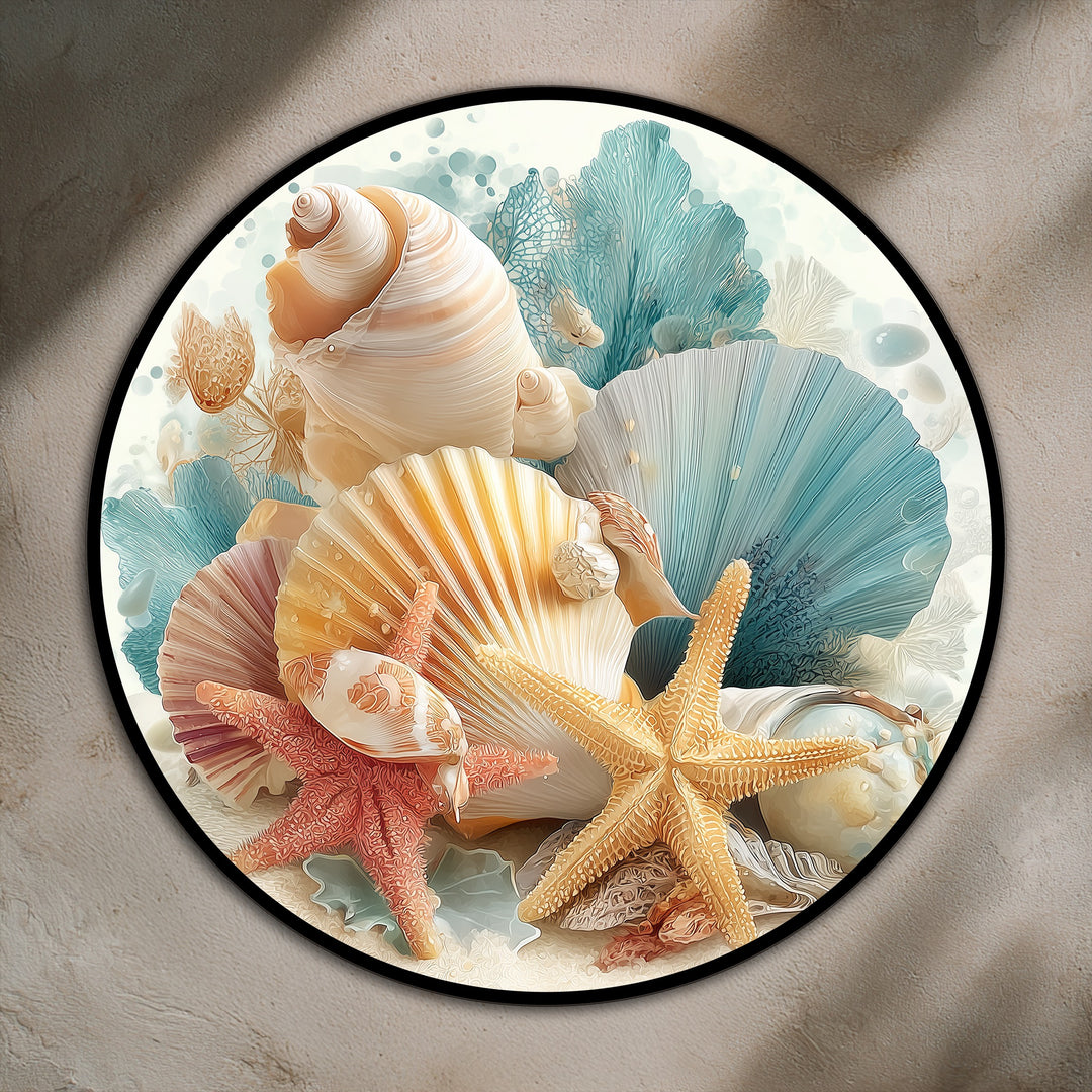 The focal point highlights the captivating detail of the Pastel Ocean Treasures round oil painting artwork, showcasing coastal seashells and starfish.