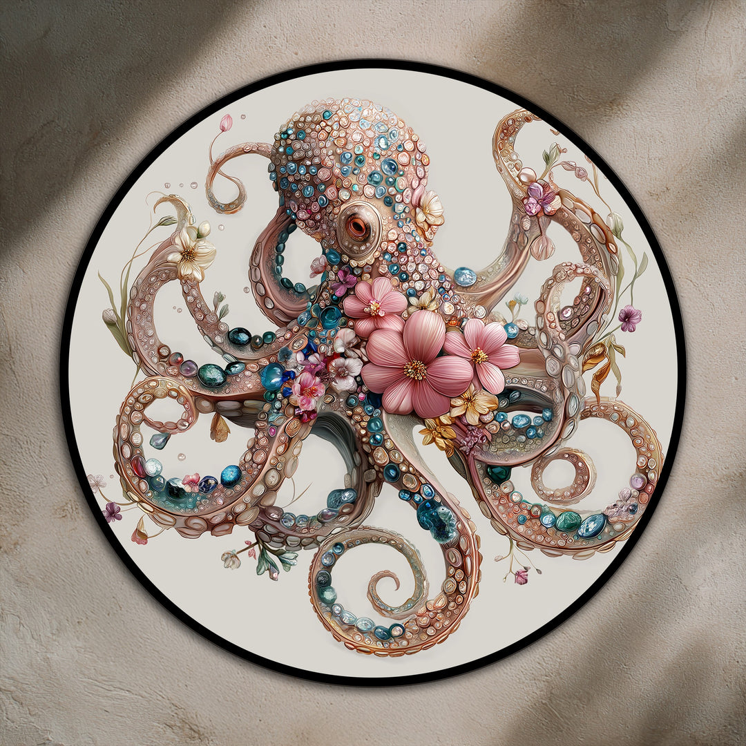 Finely textured oil painting artwork reveals jeweled accents and dimensional floral details, enhancing the floral jeweled octopus oil painting's elegant ocean motif.