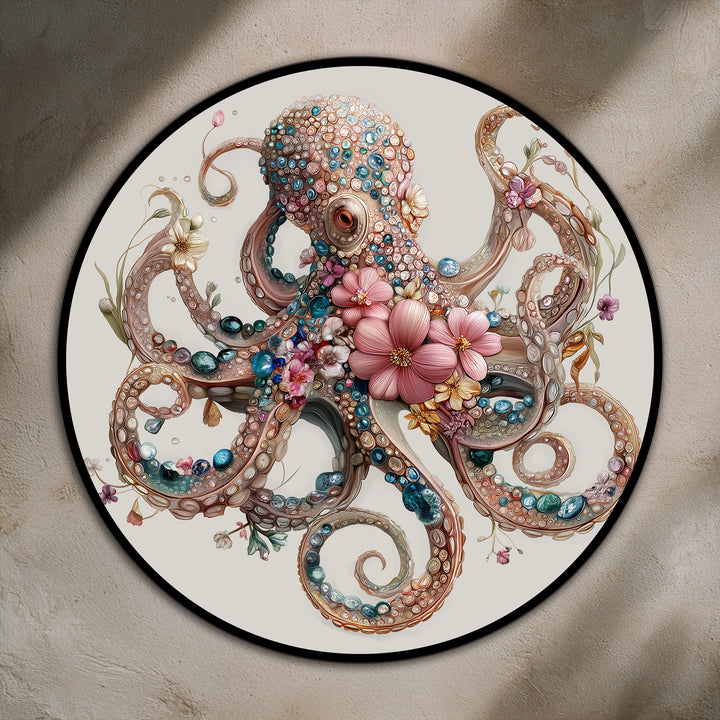Finely textured oil painting artwork reveals jeweled accents and dimensional floral details, enhancing the floral jeweled octopus oil painting's elegant ocean motif.