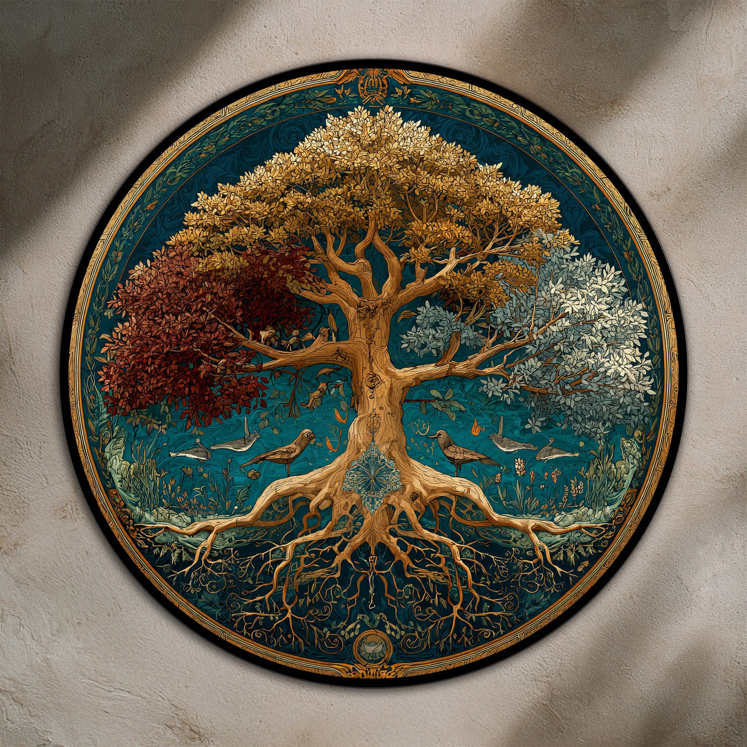 The stillness emanates from the Tree of Seasons round oil painting decoration, a symbolic wood art piece portraying rooted calm.