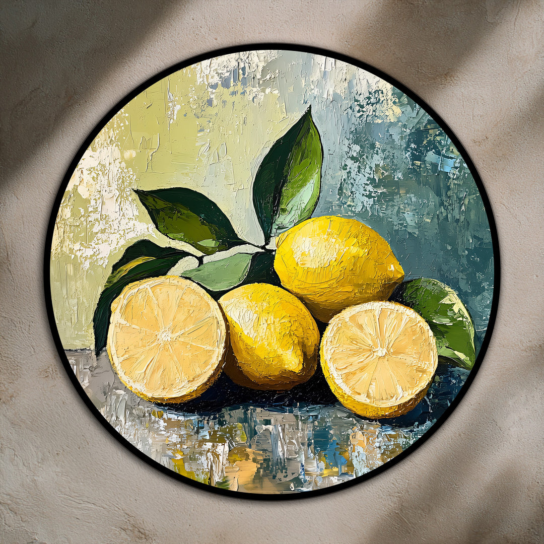 Negative space highlights the bright lemons against an impressionistic backdrop in this sunlit citrus fresh lemon still life oil painting art prints.