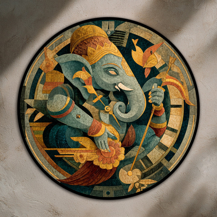 Defined by its sleek black border, this round wooden oil painting art prints piece depicts a sacred Ganesha, radiating a sense of mythological artistry.