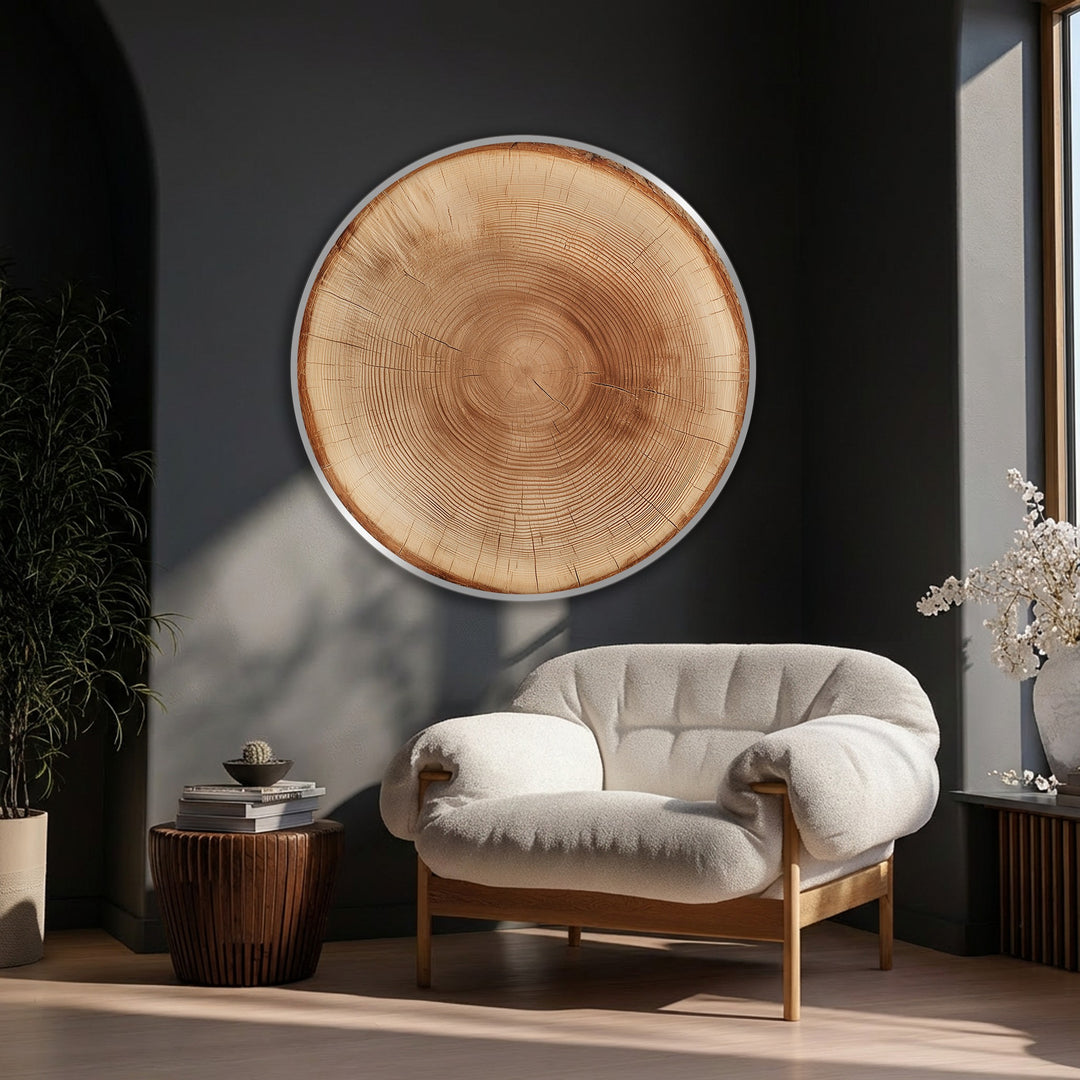 Warm color temperature highlights the natural wood ring details of this premium canvas decor, adding a rustic and inviting ambiance to the room.