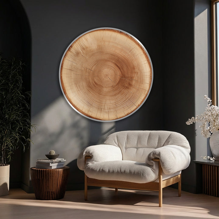 Warm color temperature highlights the natural wood ring details of this premium canvas decor, adding a rustic and inviting ambiance to the room.