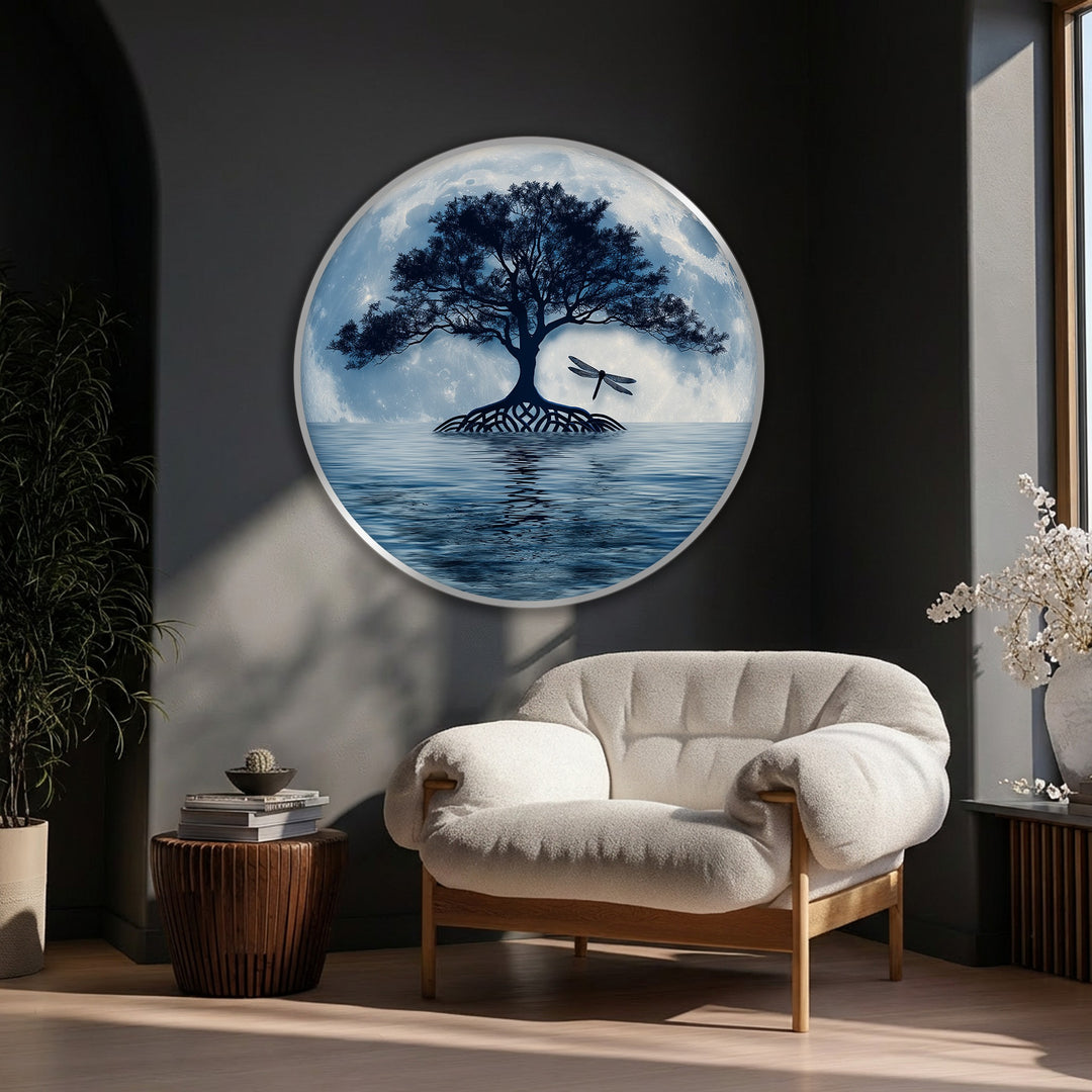 Color transition highlights the moonlit tree reflection on this hanging canvas, where dark branches meet the luminous blue water.