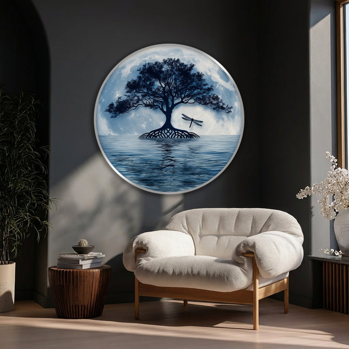 Color transition highlights the moonlit tree reflection on this hanging canvas, where dark branches meet the luminous blue water.