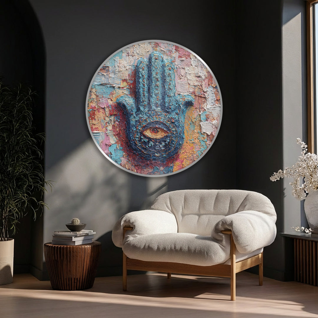 Striking color contrast defines this round canvas print, a 'Mystic Hand of Protection' showcasing vibrant hues against muted tones in this spiritual eye framed canvas art.