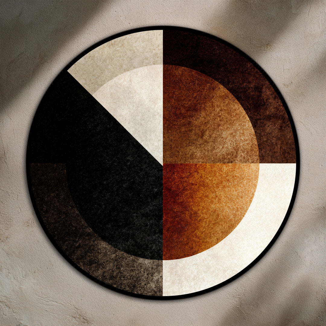 Dominated by earthy browns and black, this round oil painting art piece showcases a striking geometric composition on wood, featuring a harmonious blend of tones.