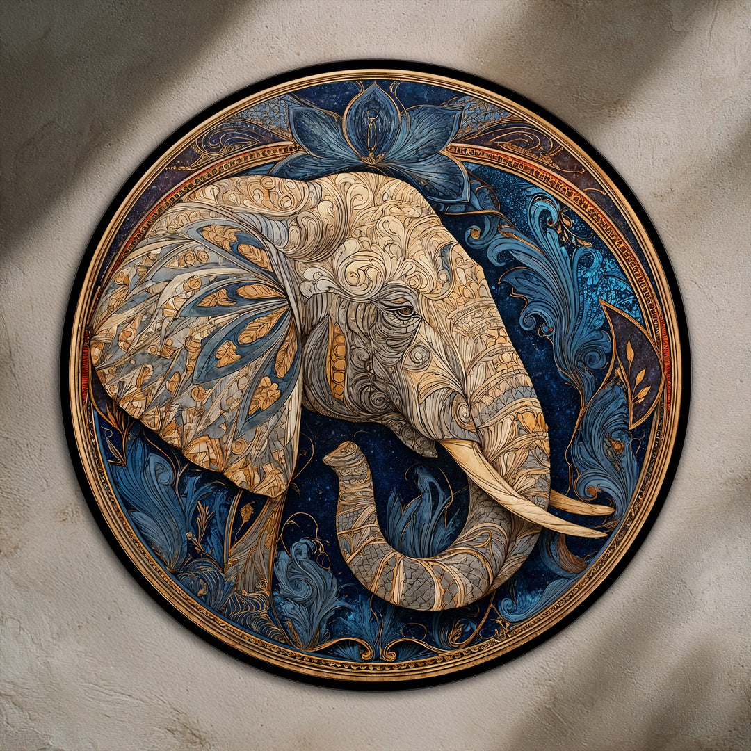 Circular Royal Lotus Guardian displays a captivating head-on orientation that highlights the intricate details of the ornate elephant in this detailed oil painting artwork.