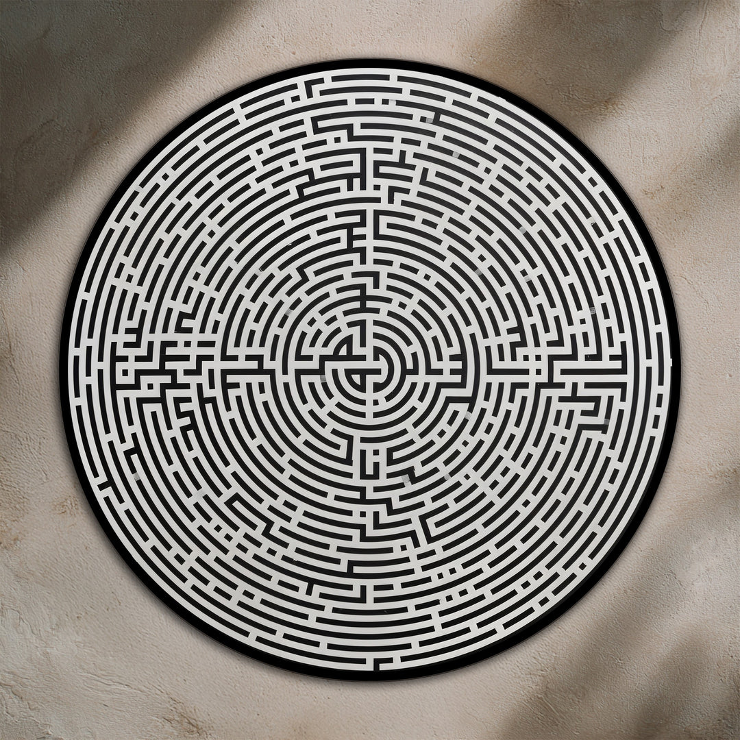 Black is the dominant color in this modern labyrinth minimalist round oil painting on wood, creating a striking oil painting decoration.