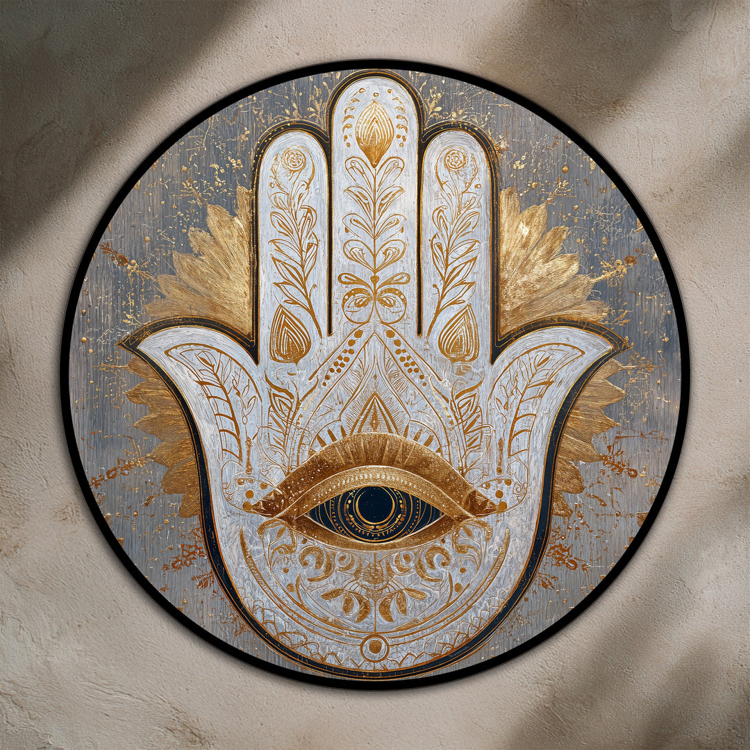 Subtle shadows play across the textured, neutral background, complementing the ornate Hamsa eye in this round wooden oil painting artwork.
