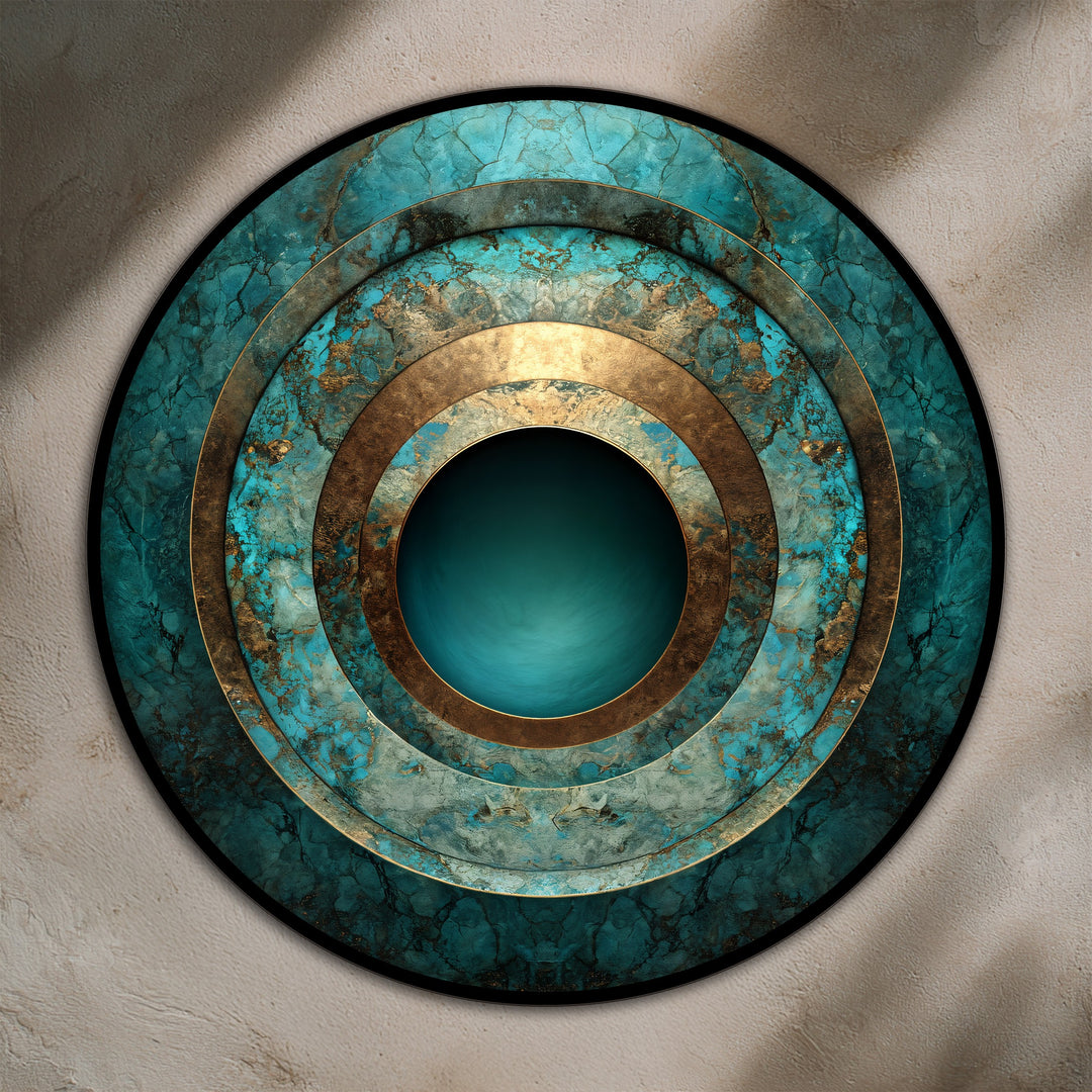 Framed by a sleek black edge, this round oil painting wall art features concentric borders in textured turquoise and tarnished gold tones, creating depth.