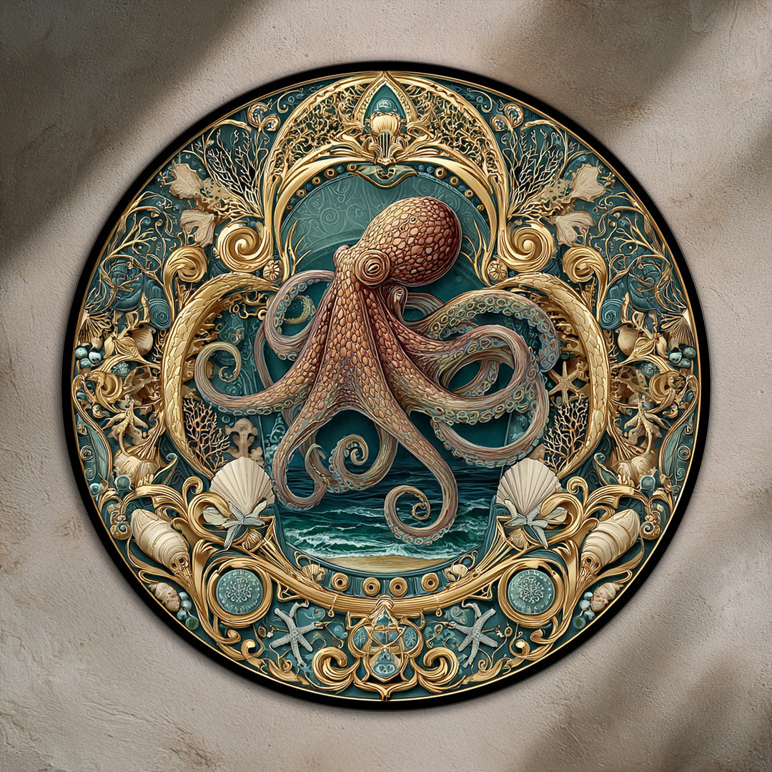 Crafted as an oil painting reproduction print with ornate gold and teal ocean tones, this round coastal artwork displays baroque elegance with quality details.