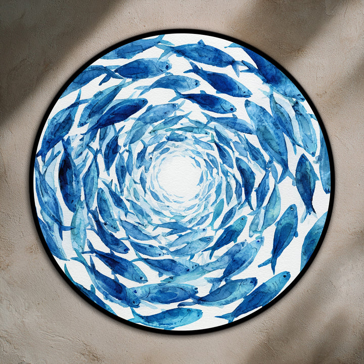 Highlighting the abstract quality, this wood oil painting decoration features a mesmerizing blue spiral of fish, creating a unique and captivating visual effect.