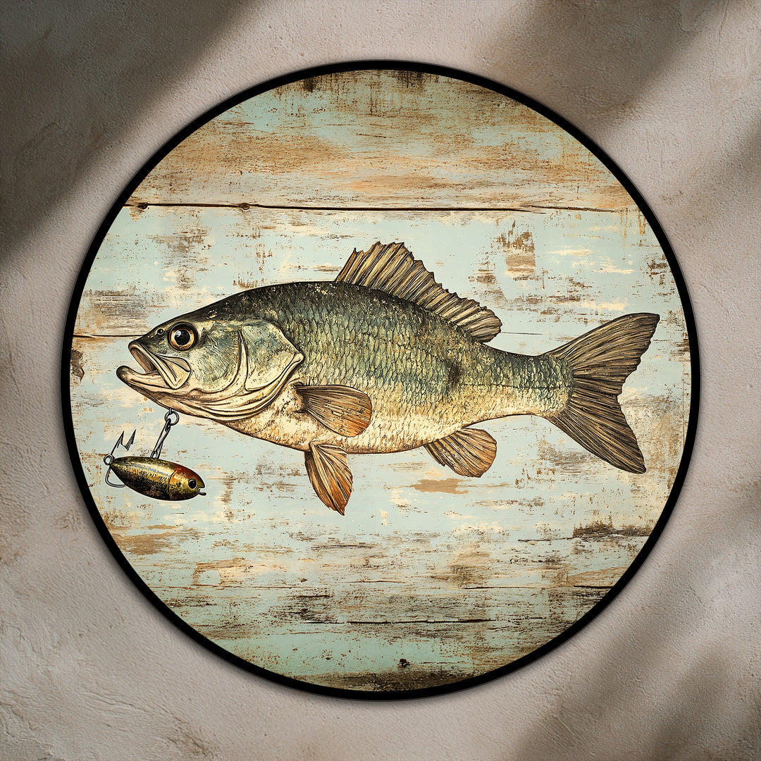 Visual rhythm is created by the vintage bass fish and fishing lure in this rustic catch round oil painting art piece against a weathered wood backdrop.
