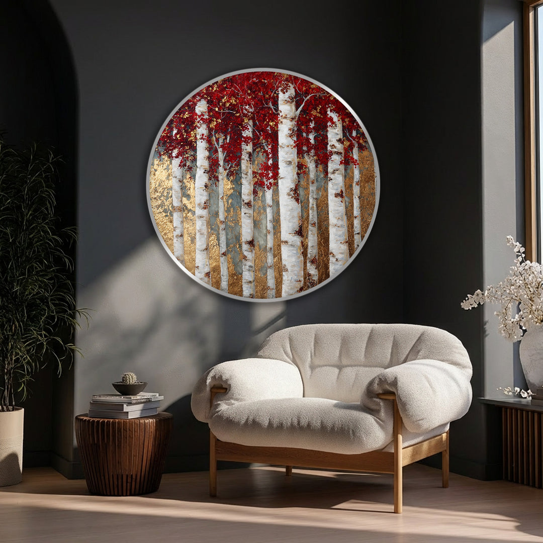 Finished with birch trees, red leaves, and gold accents, this round golden birch forest nature wall art creates a striking premium canvas decor.