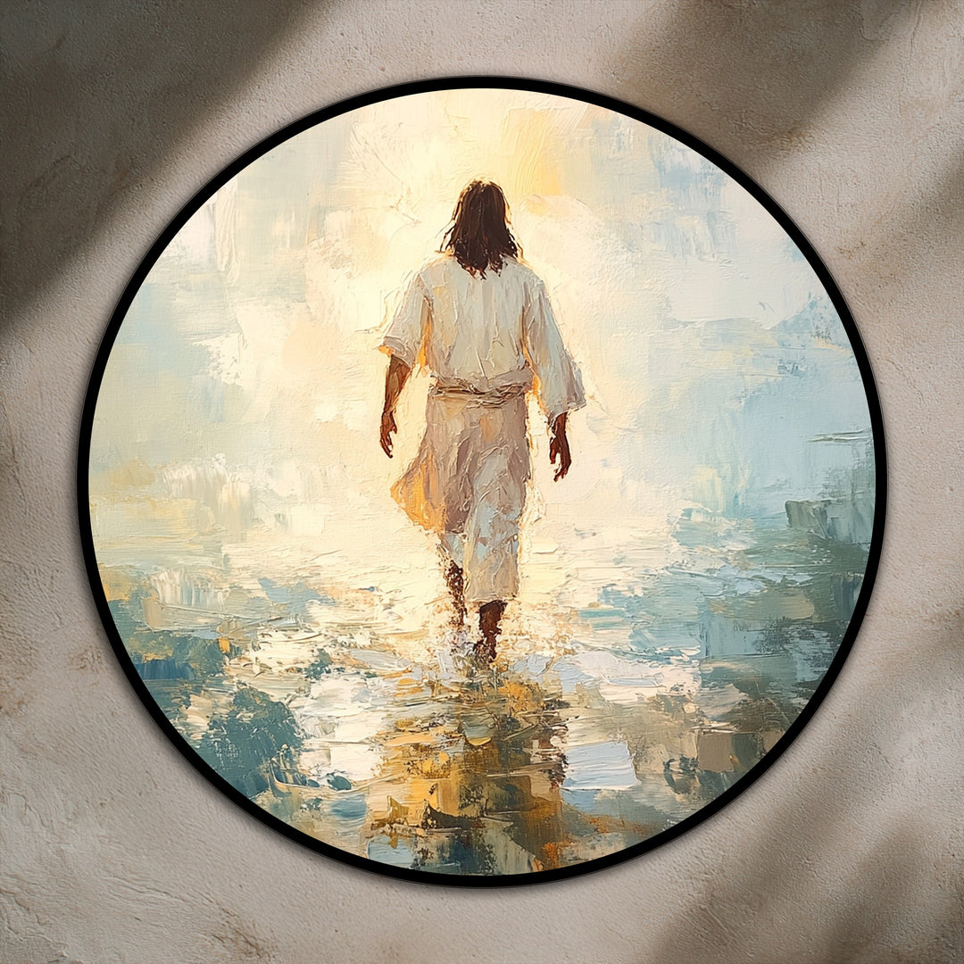 Visible brushstrokes highlight the rich surface texture of this round oil painting decoration depicting a robed figure walking into the light on calm waters.
