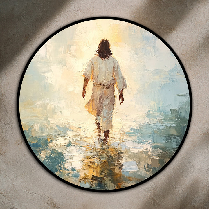 Visible brushstrokes highlight the rich surface texture of this round oil painting decoration depicting a robed figure walking into the light on calm waters.