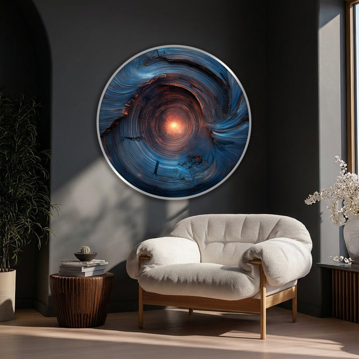 Radiant core, the loudest element in this abstract round canvas art, commands attention as a striking piece of canvas art with its modern energy.