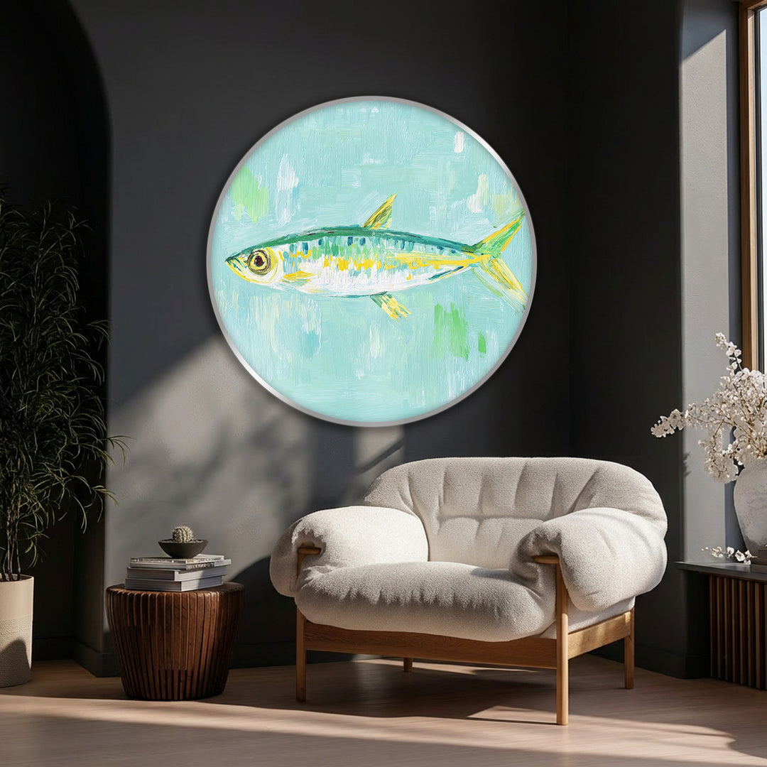 Centered on the canvas, a pastel fish painting offers captivating canvas wall decor for a coastal-inspired and minimalist aesthetic.