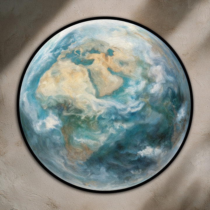 Modern oil painting art prominently showcases Earth from above in this round, atmospheric globe oil painting, revealing the planet's textured oceans and continents.