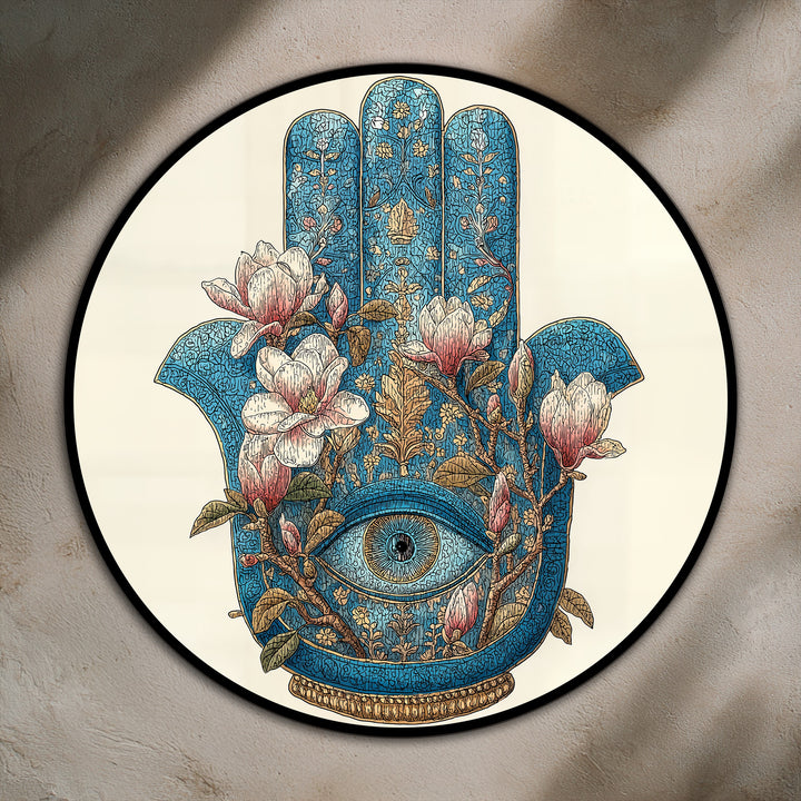 Alternating blooms and symmetrical patterns create a captivating visual rhythm in this round oil painting wall art featuring a turquoise Hamsa hand and mystical eye.