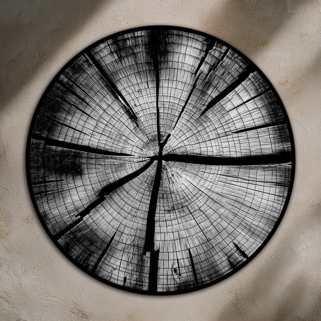 Monochrome Tree Rings – Modern Minimalist Round Oil Painting on Wood