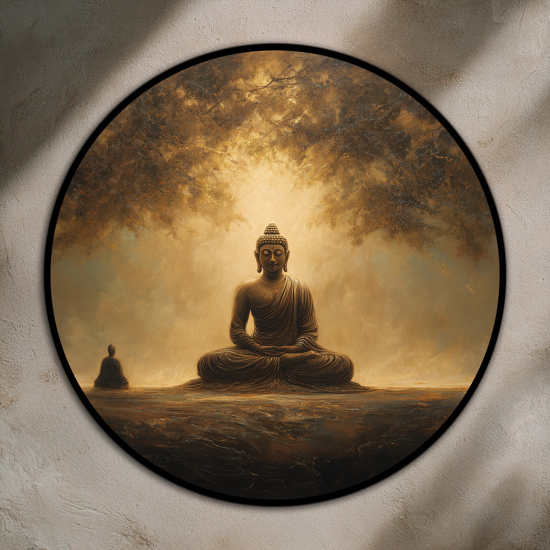 Framed by a sleek black edge, this serene golden Buddha round oil painting art piece radiates peace.