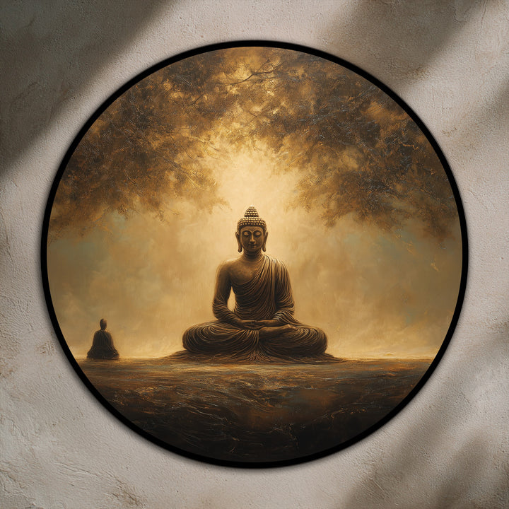 Framed by a sleek black edge, this serene golden Buddha round oil painting art piece radiates peace.