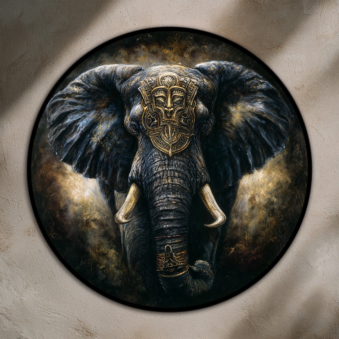 Warm color temperature highlights the golden tribal mask on this dark majestic round elephant oil painting art prints.