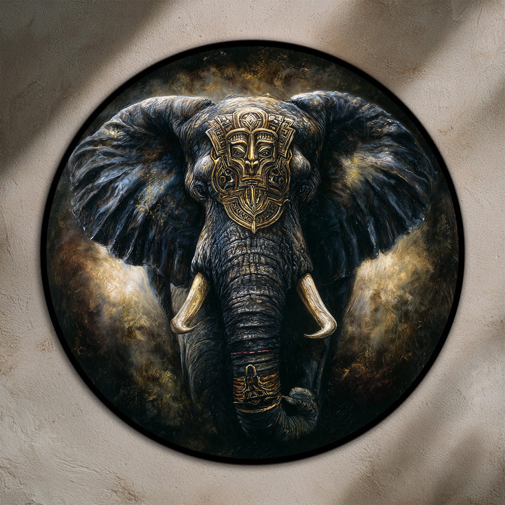 Warm color temperature highlights the golden tribal mask on this dark majestic round elephant oil painting art prints.